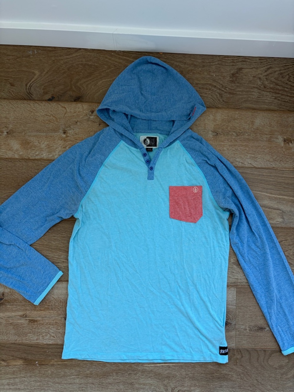 Volcom Hooded Long Sleeve Pullover Shirt - Blue & Coral